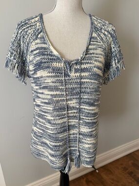Massimo Dutti Blue and Cream Knitted Fringe Sweater